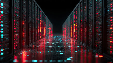 This image captures a futuristic data center featuring illuminated server racks lined along a dark corridor, showcasing advanced technology in digital infrastructure.の素材