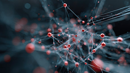 A captivating abstract image showcasing a digital network with red spheres and interconnected lines, symbolizing modern technology and communication.の素材
