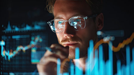 A focused business professional reviews intricate financial data, highlighting trends and insights through colorful graphs and charts in a modern office setting.の素材
