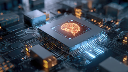 Close-up of a digital circuit board featuring a glowing brain icon, symbolizing advancements in artificial intelligence and computing technology.の素材