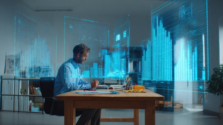 A focused business professional examines advanced digital data visualizations in a modern office. Holographic displays showcase various graphs and metrics, enhancing productivity and decision-making.の素材