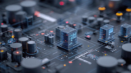 Dive into a vivid depiction of a high-tech circuit board featuring glowing microchips and intricate data connections, showcasing the future of technology.の素材