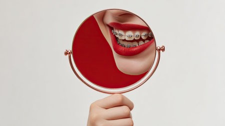 A vibrant close-up depicting a smiling woman showcasing her braces and bright red lips while holding a mirror, combining beauty and dental care.の素材
