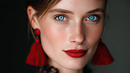 This stunning close-up portrait showcases a young woman with striking blue eyes and bold red lipstick. Her vibrant earrings complement the overall beauty and confidence.の素材