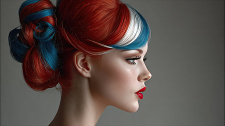 Captivating profile portrait showcasing a woman with unique vibrant hair in red, white, and blue. Her striking makeup enhances the artistic expression.の素材