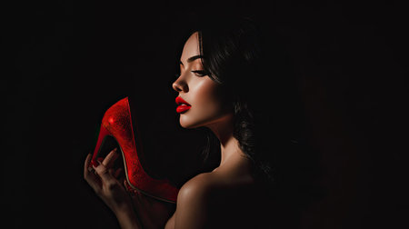 This captivating image features a glamorous woman with a red stiletto heel, showcasing sophistication and elegance. Dramatic lighting enhances her beauty and allure.の素材