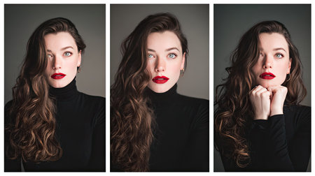 This image features an elegant woman with long, flowing hair and bold red lips, showcasing a range of captivating expressions in a studio setting.の素材