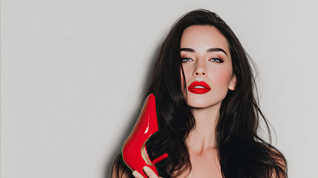 A stunning portrait of an elegant woman holding a vibrant red high heel shoe. Her bold lipstick and glossy hair complement the minimalist backdrop, conveying confidence and style.の素材