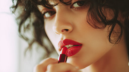 This captivating close-up image showcases a woman applying bright red lipstick, emphasizing her natural beauty with soft lighting and curly hair.の素材