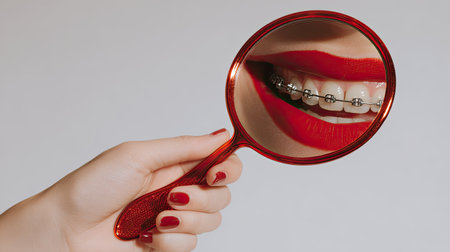 A closeup image of a hand holding a vibrant red mirror that reflects a bright smile featuring braces and bold red lips, showcasing beauty and confidence.の素材