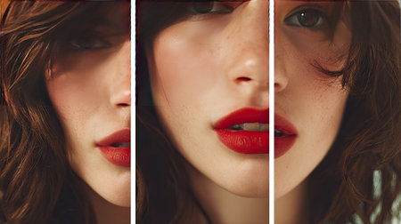 This striking triptych features a close-up portrait of a woman showcasing her bold red lips and flowing hair, highlighting her beauty and unique expression.の素材