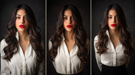 This striking portrait showcases a beautiful woman with long, flowing hair and bold red lips, capturing elegance and confidence through three distinct poses against a dark textured background.の素材