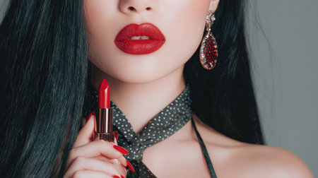 Beautiful woman showcases vibrant red lipstick with striking makeup and elegant earrings, capturing the essence of beauty and glamour in a stunning portrait.の素材