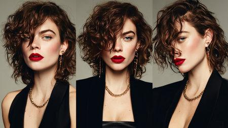 Captivating portrait of a woman with curly hair and striking red lips, showcasing elegance and confidence in a fashion studio setting with artistic lighting.の素材