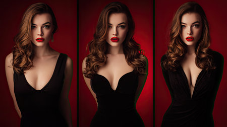 A captivating three-part portrait of an elegant woman in striking black dresses. Her red lips and beautiful hairstyle contrast against a deep red backdrop, capturing beauty and sophistication.の素材