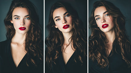 This captivating portrait series features a woman with luscious hair and striking red lips, showcasing elegance and beauty in a studio light setting.の素材
