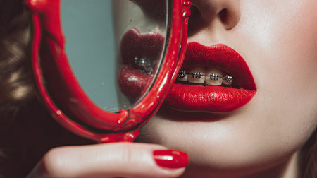 A striking close-up image of a woman with bold red lips and dental braces, holding a vintage mirror. This photo captures themes of beauty and self-image.の素材