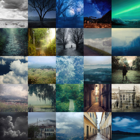 A captivating collection of diverse landscapes featuring serene trees, tranquil waters, dynamic clouds, and enchanting urban pathways, perfect for various creative projects.の素材