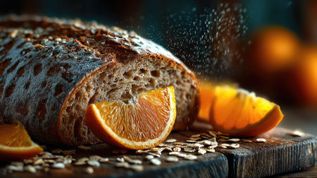 A beautifully crafted loaf of bread garnished with fresh orange slices sits on a rustic wooden table. The warm tones and natural textures create a delicious and inviting atmosphere perfect for showcasing culinary artistry.の素材