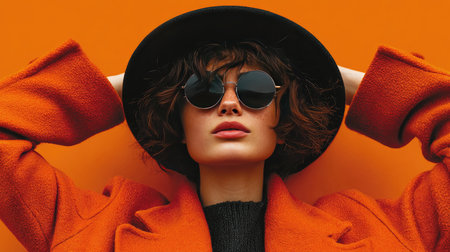 A stylish woman showcases confidence in an orange coat and black hat while posing against a bold orange background, capturing vibrant fashion and beauty.の素材