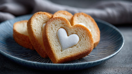 Delight in the charm of heart-shaped toast with a sweet white heart center, perfect for romantic breakfasts and special occasions. Ideal for food lovers!の素材