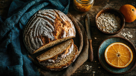 A rustic loaf of bread is sliced and placed on a wooden table, accompanied by oats, an orange, and a jar of honey, creating a cozy breakfast scene.の素材