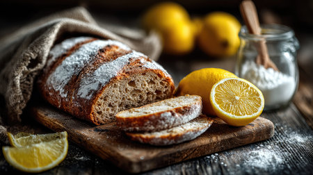 A rustic loaf of freshly baked artisan bread sliced and accompanied by bright lemons and sugar, beautifully arranged on a wooden cutting board.の素材
