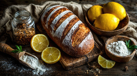 A beautifully arranged scene featuring a freshly baked artisan loaf of bread, vibrant lemons, and cooking ingredients on a rustic wooden table.の素材