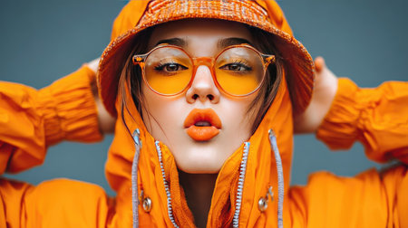 A young woman showcases her vibrant style in a bright orange hooded jacket and trendy sunglasses, exuding confidence and modern fashion elegance.の素材