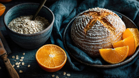 This image features a freshly baked round bread surrounded by oats and bright orange slices, set on a rustic table, capturing a warm and inviting culinary scene.の素材