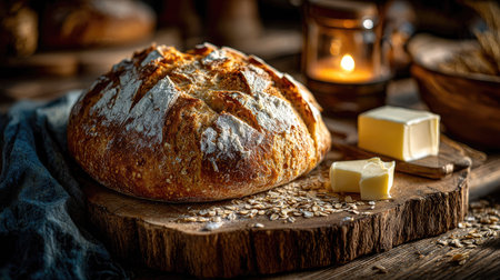 A beautifully arranged scene featuring freshly baked artisan bread accompanied by creamy butter and oats. The warm candlelight creates a cozy atmosphere, perfect for a comforting meal or snack.の素材