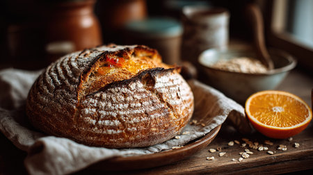 This image features a rustic artisan loaf placed on a wooden table, accompanied by an orange slice and oats, creating a warm, inviting kitchen atmosphere.の素材