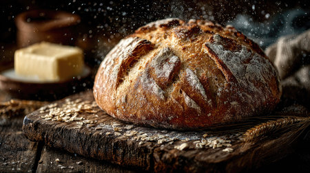 This image captures the beauty of freshly baked artisan bread resting on a rustic wooden board, accompanied by creamy butter. Dust from the flour creates a warm, inviting atmosphere, enhancing the artisanal quality of the bread. Perfect for culinary themes, bakery promotions, or food styling purposes.の素材