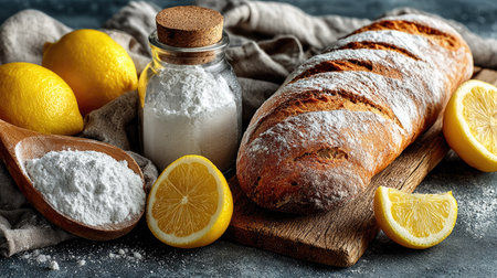 A beautifully arranged scene featuring freshly baked rustic bread alongside vibrant lemons and a jar of flour, perfect for culinary inspiration.の素材