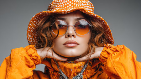 A fashionable young woman exudes confidence in a striking orange jacket and polka dot hat, showcasing a vibrant, trendy look perfect for editorial fashion.の素材