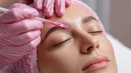 A serene scene capturing a skilled professional applying a pink dye on a client's eyebrows, emphasizing relaxation and beauty in a spa environment.の素材