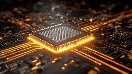 This image showcases a futuristic microprocessor embedded in a detailed circuit board with bright orange connections, highlighting technology and innovation in electronics.の素材