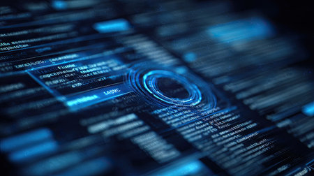 This image features an abstract representation of digital technology with glowing circuits and dynamic data streams, creating a futuristic atmosphere.の素材