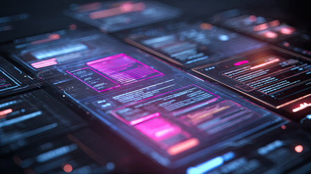 A captivating abstract image featuring multiple futuristic digital screens filled with glowing neon data displays, illustrating modern technology and design.の素材