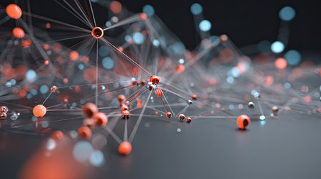 This image showcases an abstract representation of interconnected spheres and lines, emphasizing digital technology and vibrant network systems. Ideal for tech-related projects.の素材