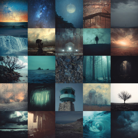 Explore a captivating series of atmospheric landscapes showcasing diverse natural elements such as night skies, waterfalls, forests, and mystical scenes.の素材