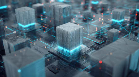 This captivating digital art piece showcases a futuristic network of glowing cubes surrounded by intricate circuits, symbolizing advanced technology and data processing.の素材