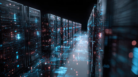 A stunning view of a futuristic data center featuring high-tech server racks illuminated by vibrant lights, showcasing advanced technology and sophistication.の素材