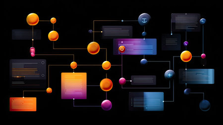 This vibrant abstract illustration features a colorful flowchart design composed of geometric shapes and lines on a dark background, ideal for creative projects.の素材