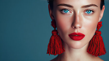 This stunning close-up portrait showcases a woman with flawless skin, striking blue eyes, bold red lipstick, and vibrant red earrings, set against a blue background.の素材