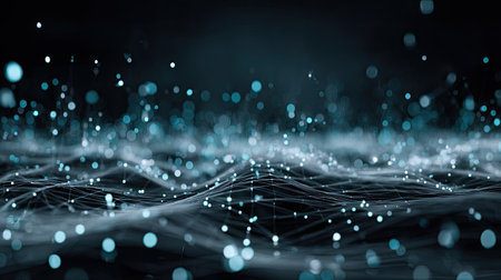 This abstract image features a mesmerizing digital landscape with floating particles and wave-like structures, creating a futuristic ambiance and depth.の素材