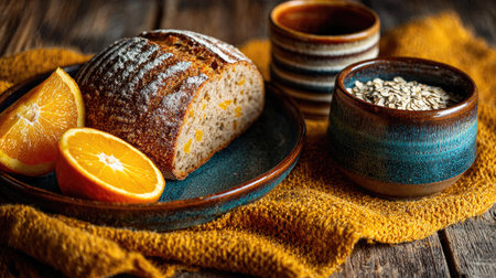 A beautifully arranged scene featuring freshly baked bread, vibrant orange slices, and a bowl of oats on a rustic wooden table, evoking warmth and comfort.の素材