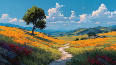 This captivating landscape features a vibrant flower field with a majestic tree under a clear blue sky, accentuated by fluffy clouds and distant mountains.の素材