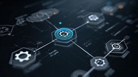 This digital illustration showcases a futuristic network architecture with gears and connections, symbolizing technology and innovation in modern systems.の素材