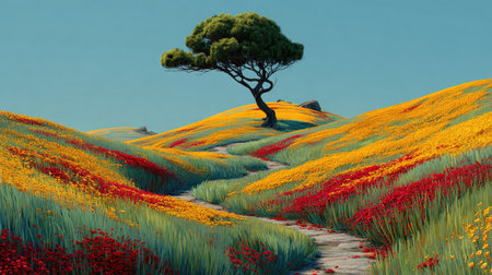 A breathtaking landscape featuring a vibrant array of colorful flowers surrounding a meandering pathway and a solitary tree. The clear blue sky enhances the peaceful atmosphere.の素材